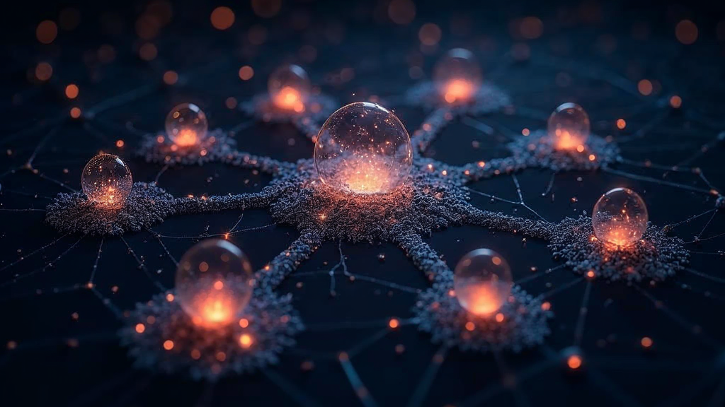 Abstract content clusters connected by intelligent link pathways in a hub and spoke model with glowing connections