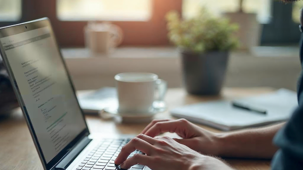 Professional content creator editing AI-generated text on a laptop in a modern workspace