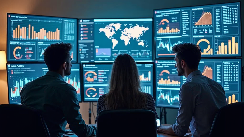Marketing team reviewing display campaign targeting dashboards on multiple screens in modern office