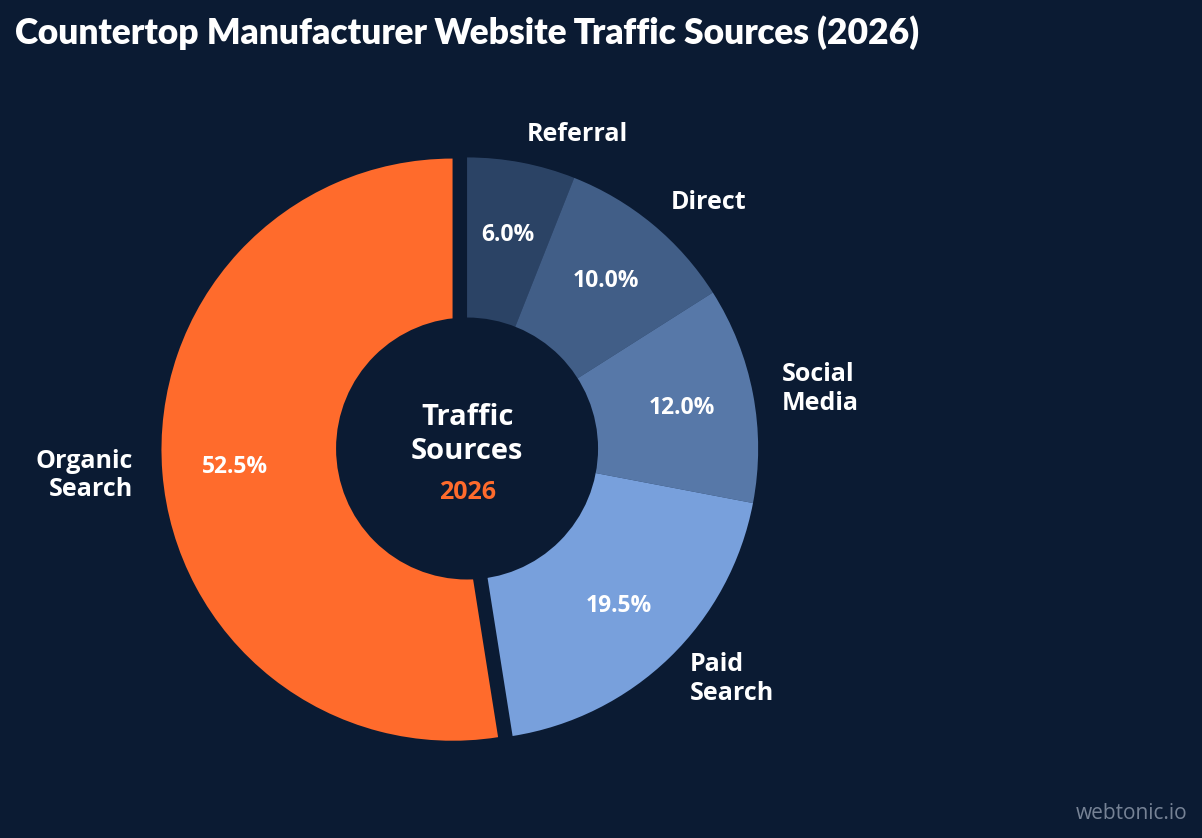 Pie chart showing countertop website traffic sources — organic search at 52.5%, paid search at 19.5%, social at 12%, direct at 10%, and referral at 6% for countertop manufacturers in 2026