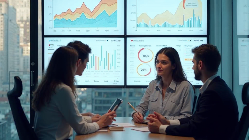 Professional team analyzing funnel optimization data on a modern dashboard screen in a collaborative workspace