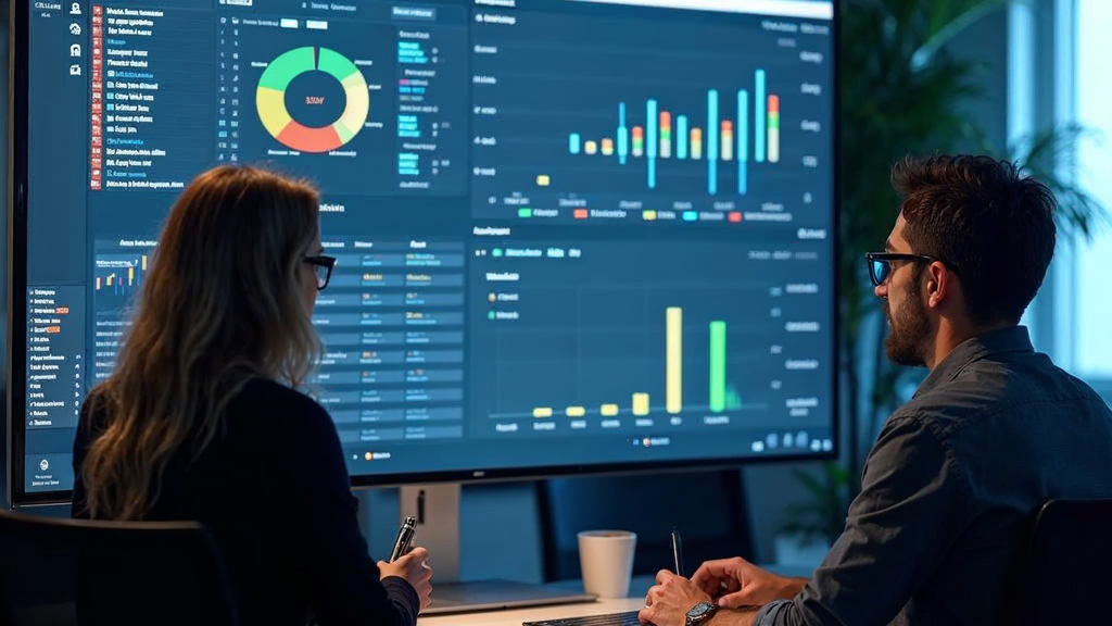Analytics team reviewing Google Analytics event tracking dashboard with real-time data visualizations on multiple screens