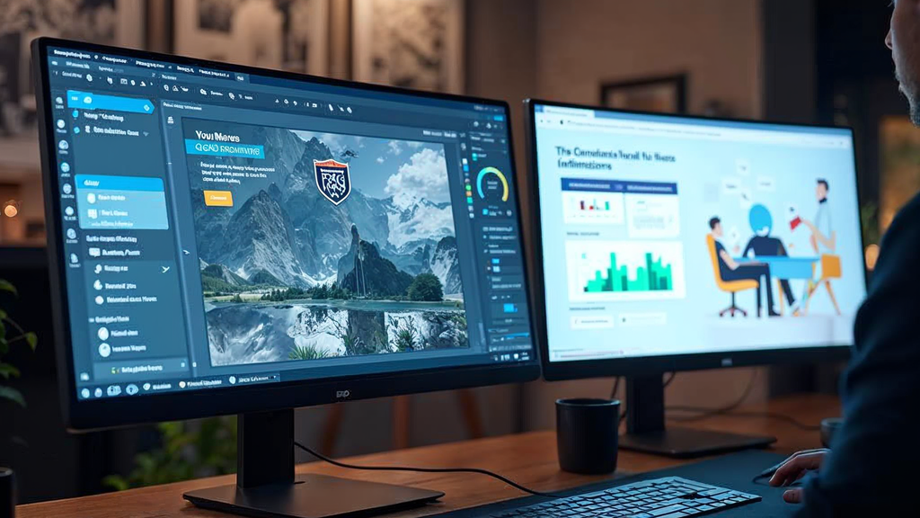 Split screen showing a drag-and-drop website builder interface creating a polished landing page on dual monitors