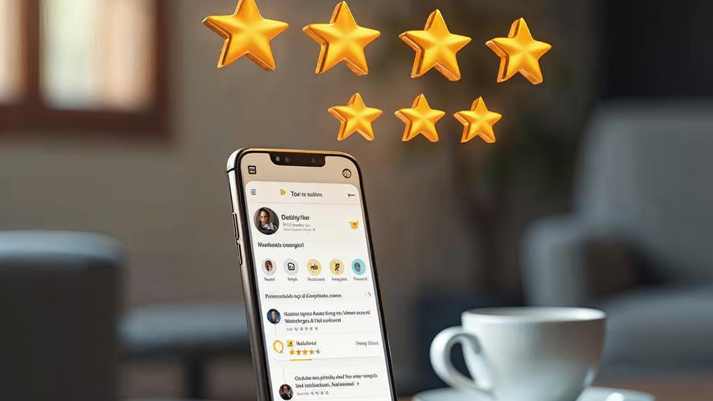 Five gold stars floating above a smartphone displaying positive customer reviews and brand reputation dashboard
