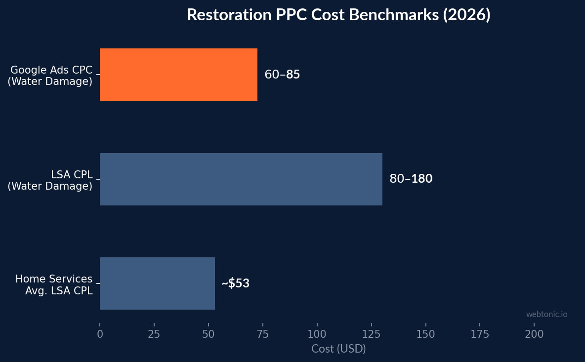 Horizontal bar chart comparing restoration PPC cost benchmarks in 2026: Google Ads CPC $60-85, LSA CPL $80-180, average home services LSA CPL $53
