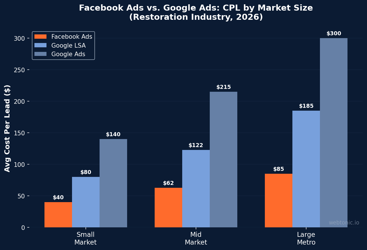 Bar chart comparing Facebook Ads, Google LSA, and Google Ads cost per lead across small, mid, and large restoration markets in 2026