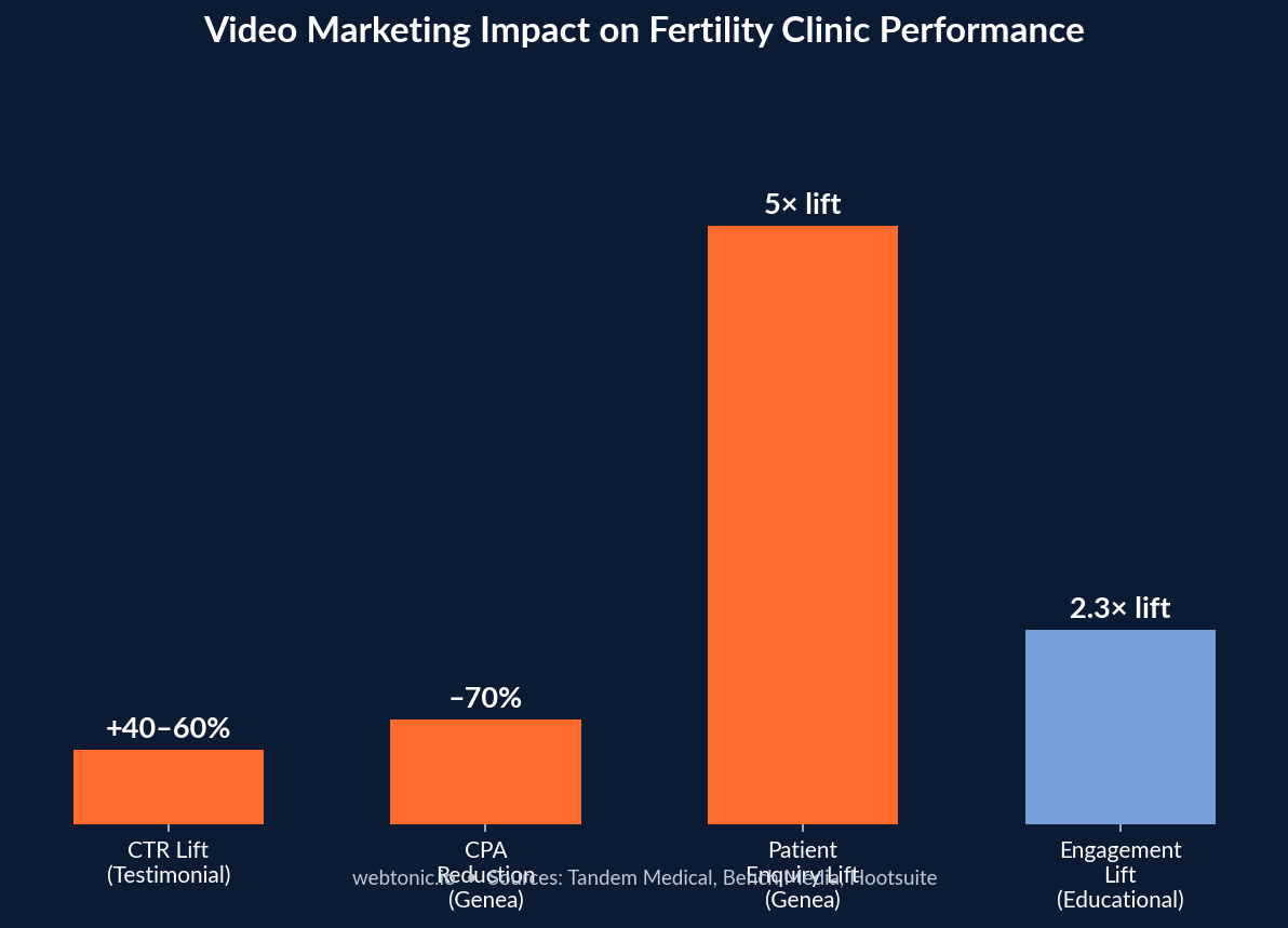 Bar chart showing video marketing impact on fertility clinic performance including 40 to 60 percent CTR lift for testimonial videos and 70 percent CPA reduction for Genea Fertility