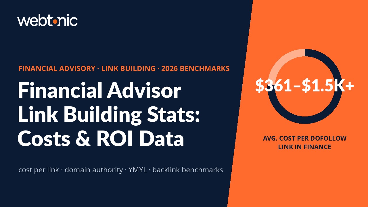 Financial advisory link building statistics showing cost per dofollow link benchmarks and domain authority data for 2026