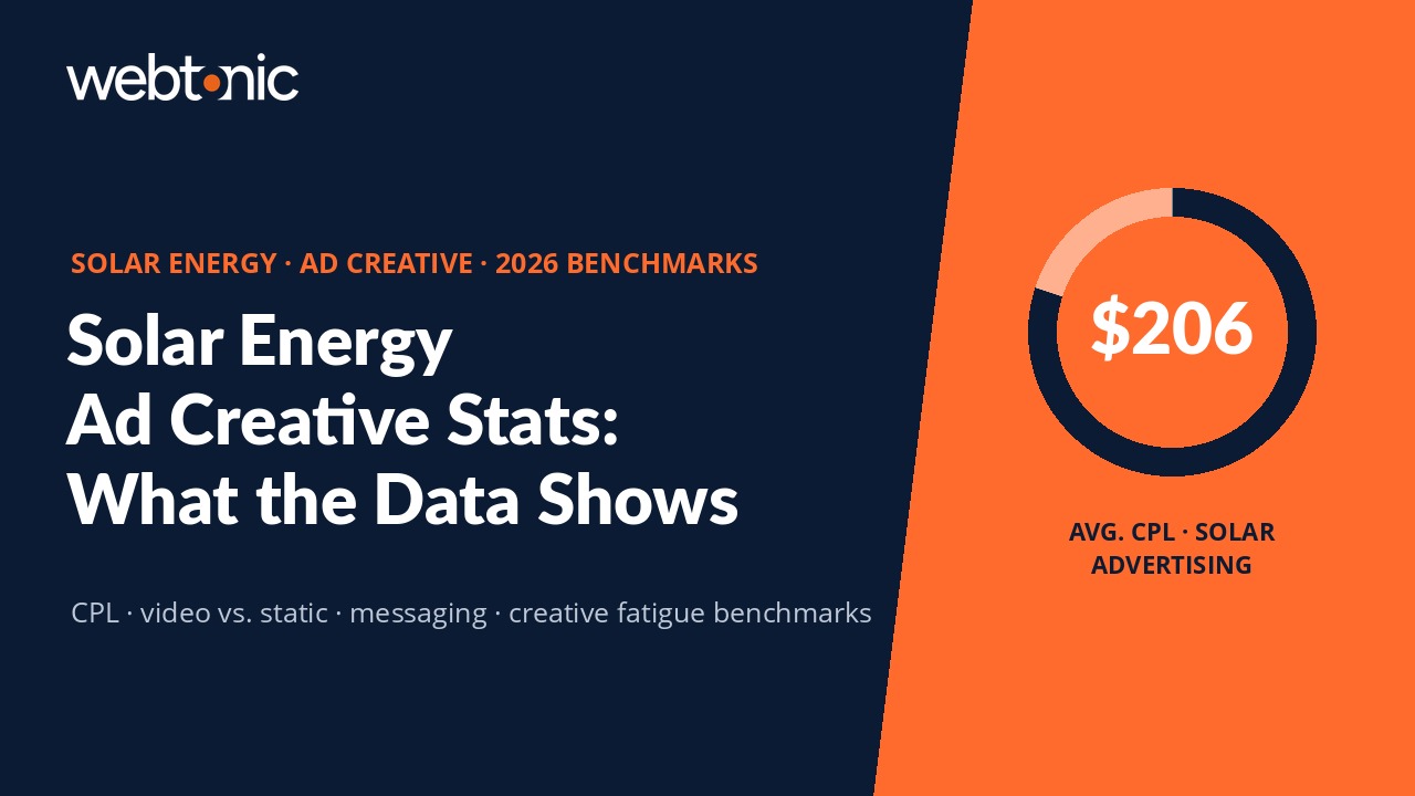 Solar energy ad creative statistics 2026 — branded data thumbnail showing $206 average CPL benchmark
