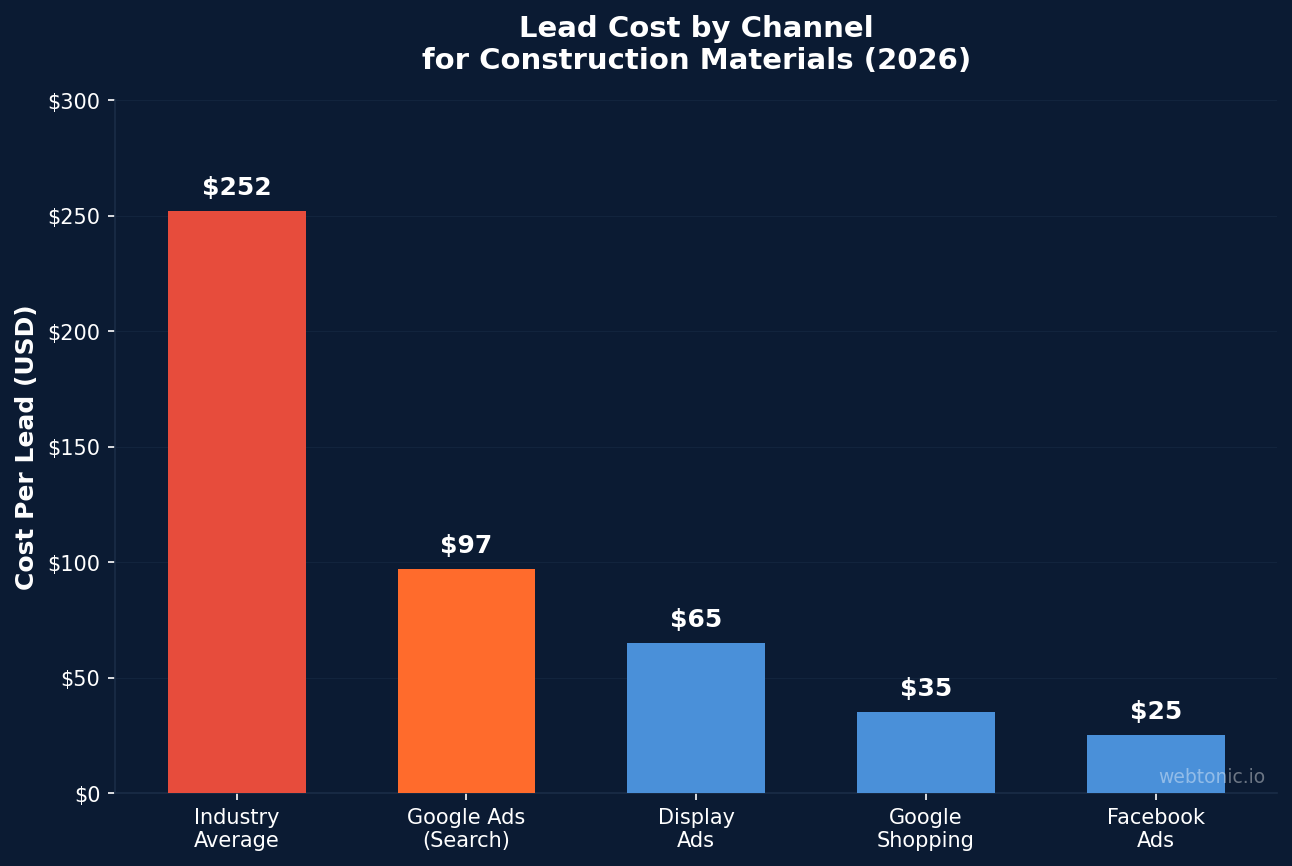 Lead cost by channel for construction materials showing $252 industry average versus $85-$110 for Google Ads search