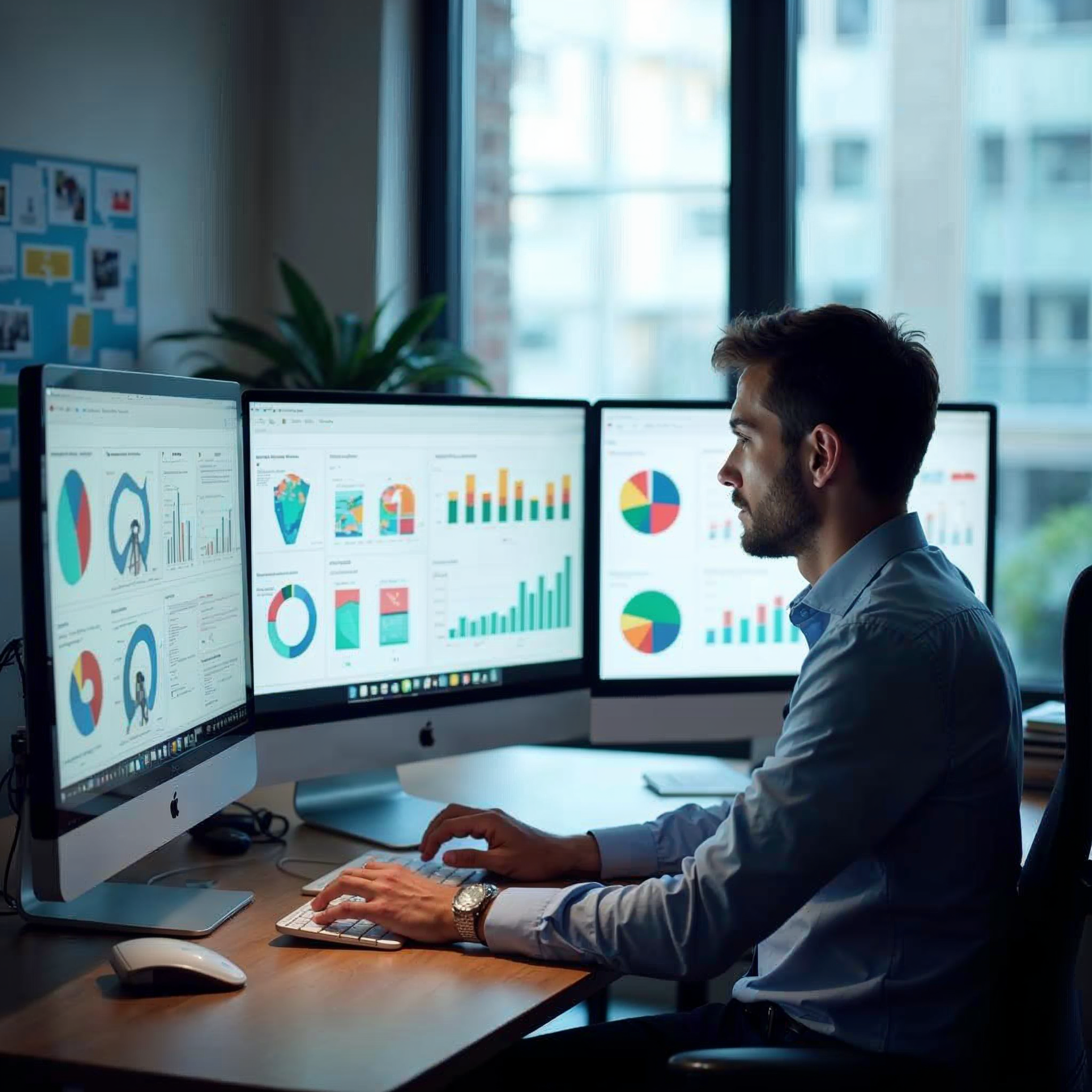 Professional marketing analyst reviewing audience segmentation data on multiple computer screens in a modern office