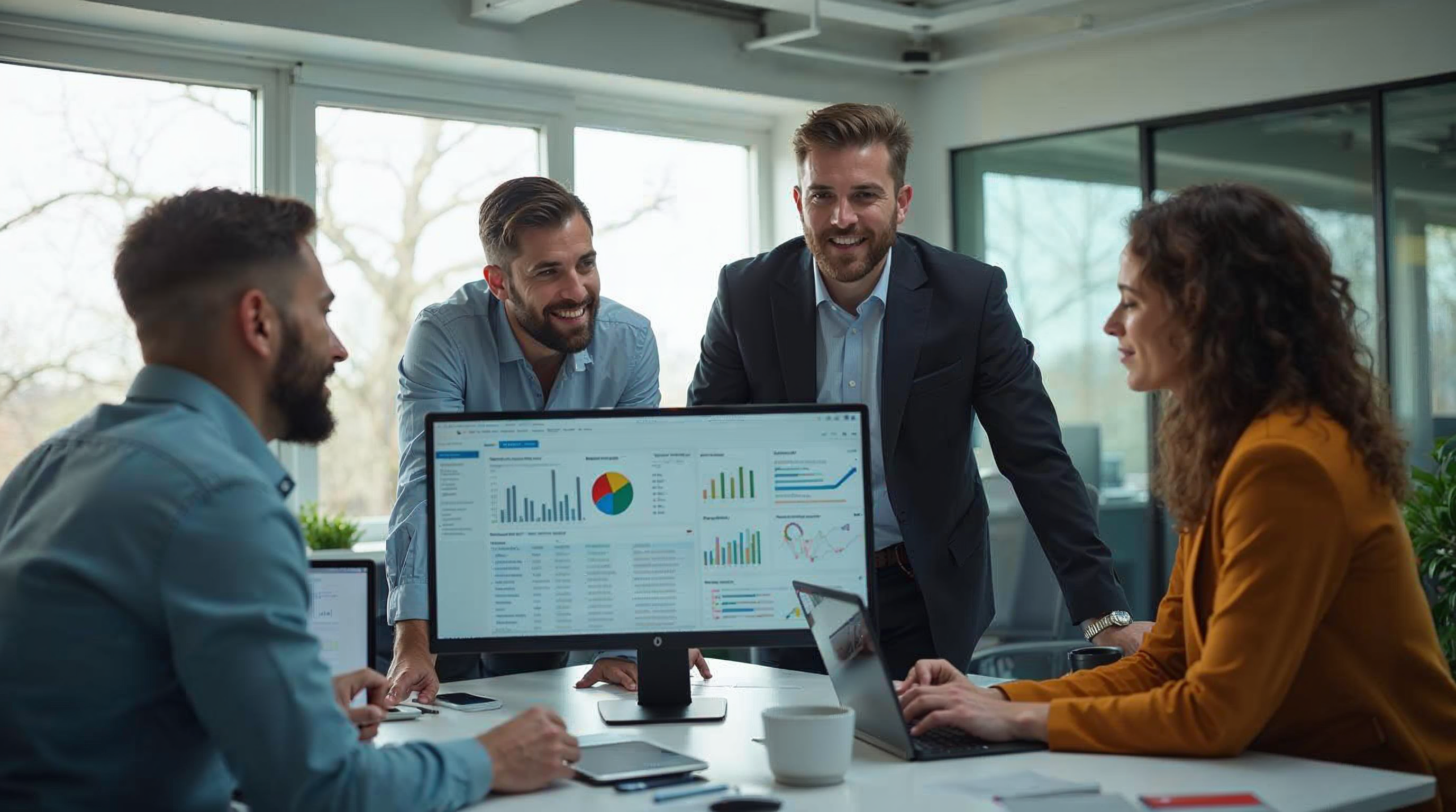 Diverse team of professionals collaborating in a bright modern office with productivity dashboards visible on screens