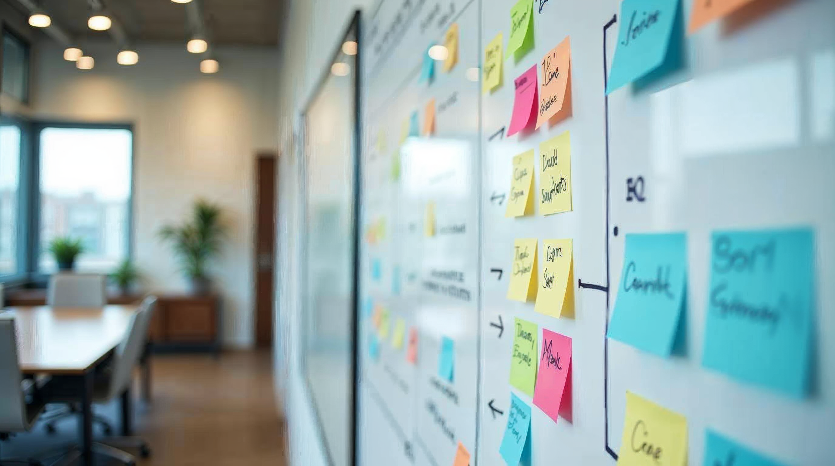 Business strategy whiteboard with sticky notes showing strategic positioning and market differentiation diagrams
