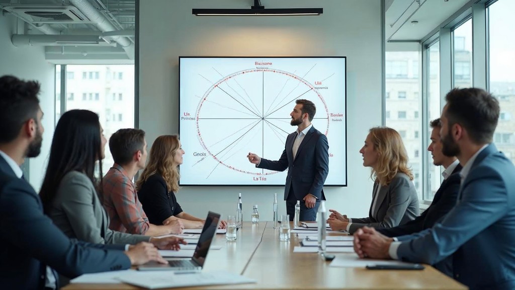Business team conducting a strategic four-quadrant analysis session on a conference room whiteboard