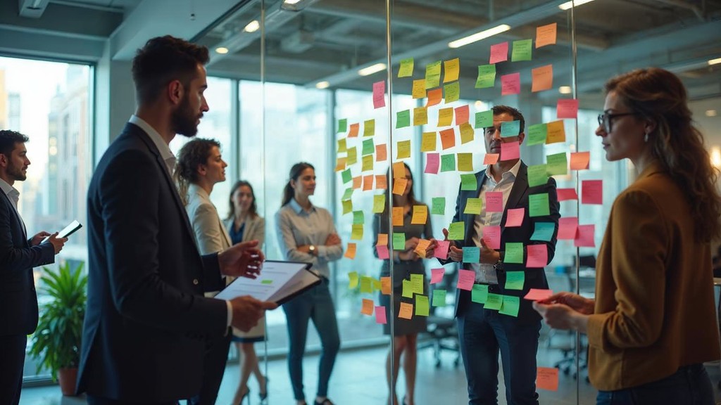 Professional team brainstorming with organized sticky notes on a glass wall during a strategic planning session