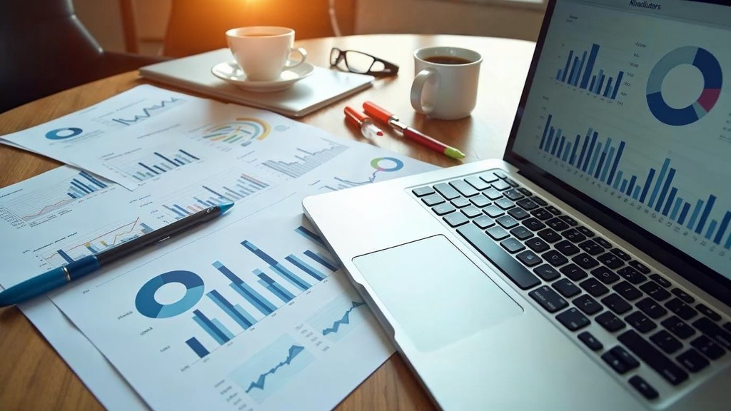 Overhead view of strategic planning documents with data charts and business analytics dashboard on a desk