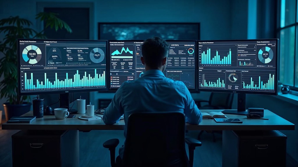 Professional data analyst workspace with multiple monitors displaying advertising performance metrics and analytics charts