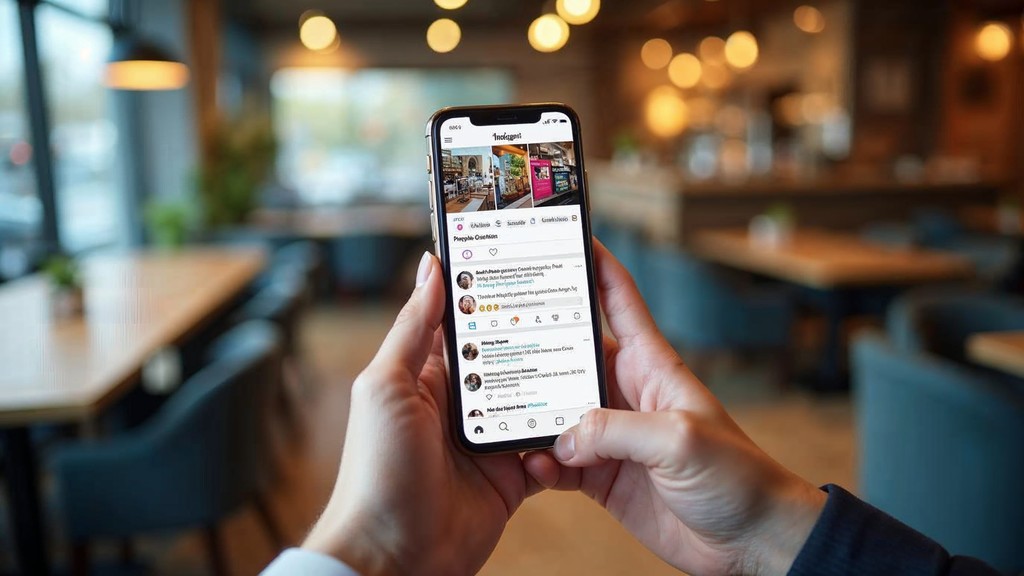 Hands holding a smartphone displaying social media feed with sponsored advertisement posts in a coffee shop setting
