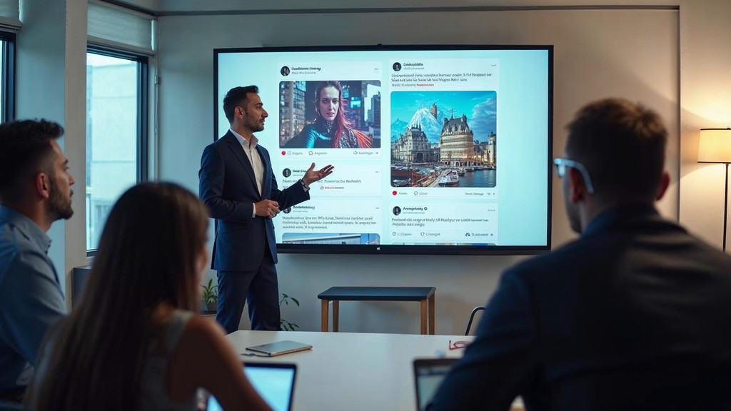 Marketing team reviewing competitor advertising creative on a large presentation screen in a modern meeting room