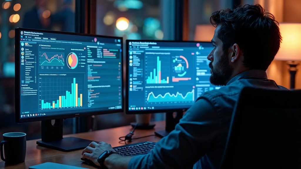 Digital marketer analyzing social media advertising data on dual monitors showing campaign dashboards and analytics