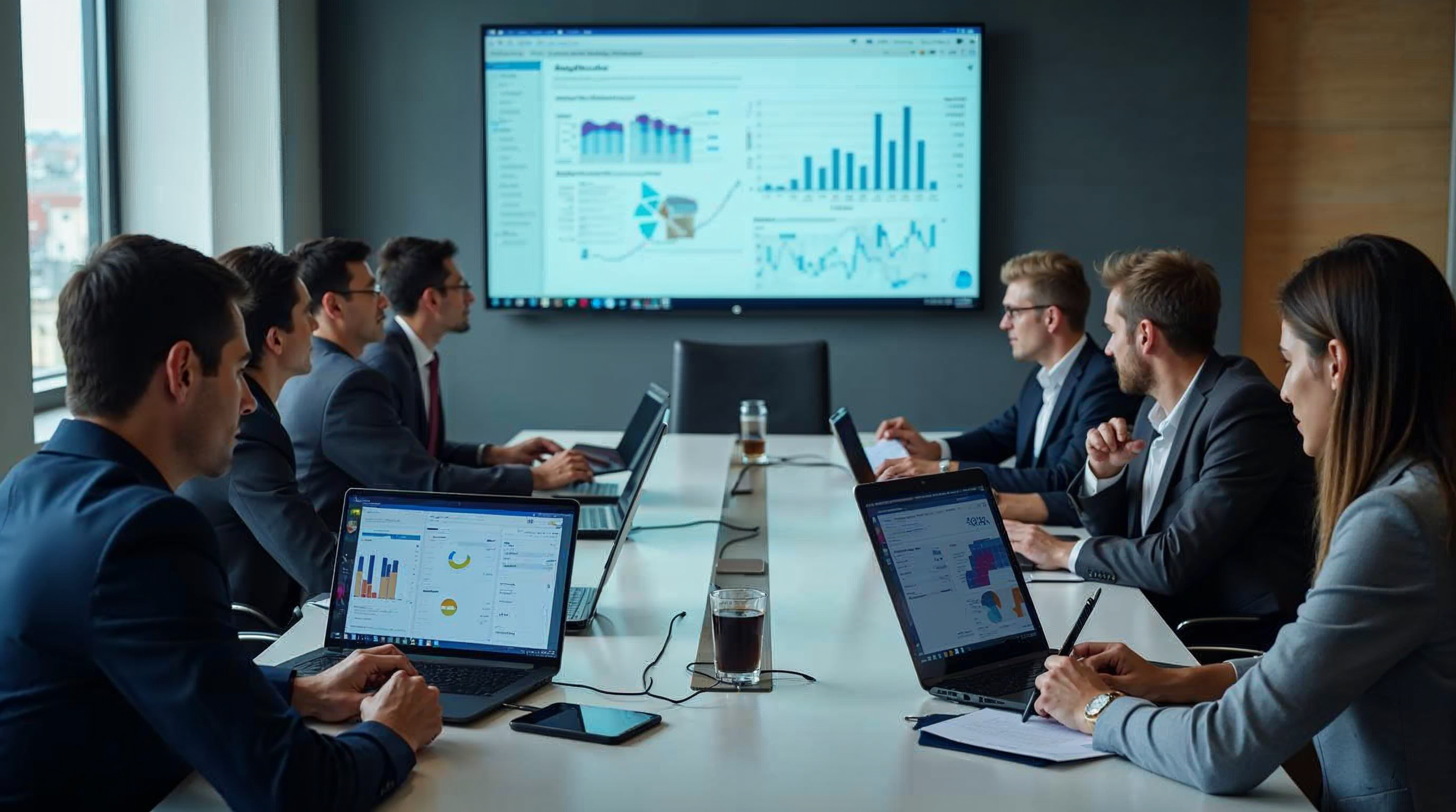 Team of business professionals collaborating around a conference table with data analytics and resource planning software on screens