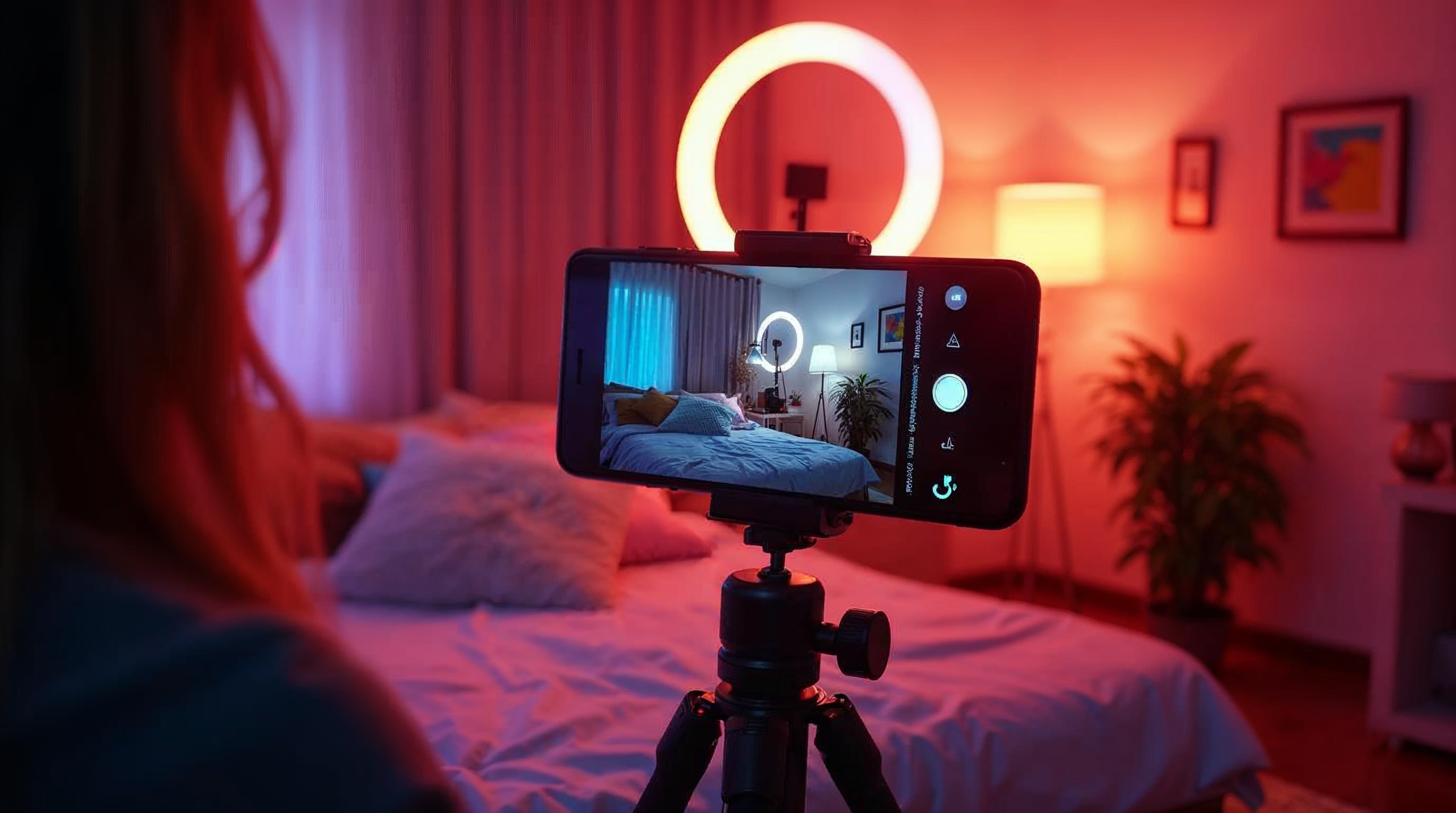 Content creator going live on TikTok with smartphone on ring light tripod in a colorful bedroom studio setup with LED lighting
