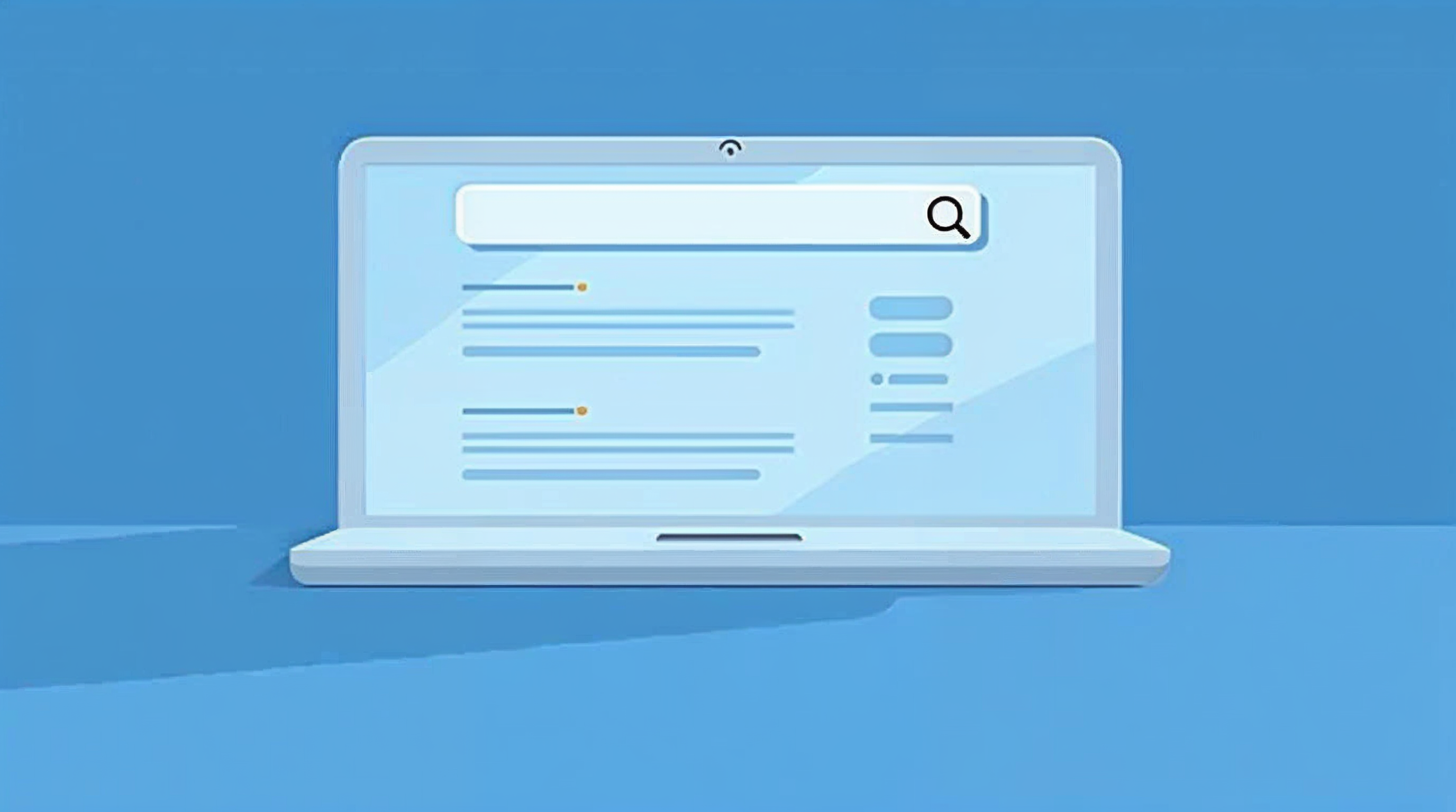 Flat illustration of a search engine results page with a highlighted AI summary panel at the top in blue and white tones