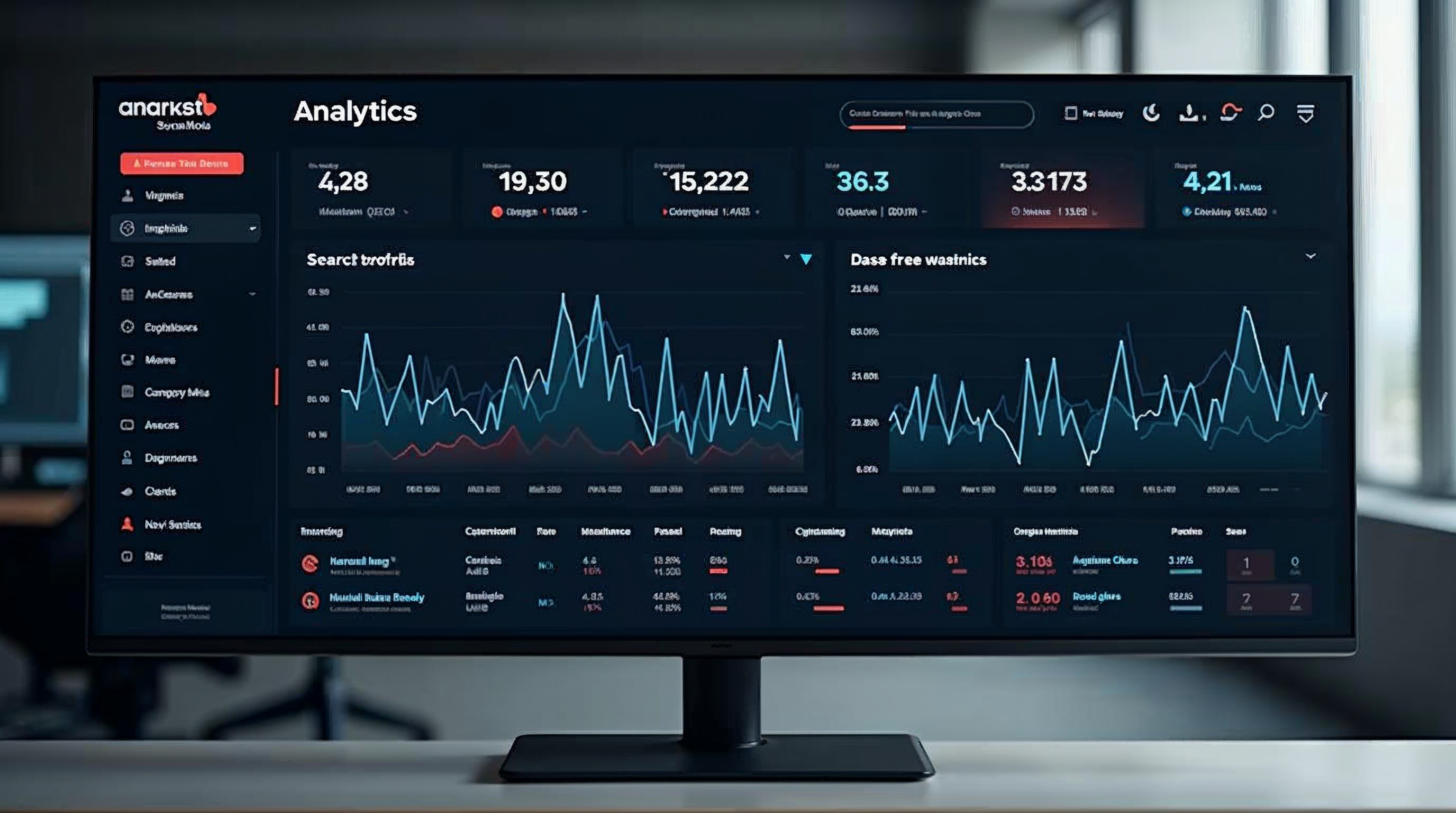 Modern analytics dashboard on a widescreen monitor showing SEO performance graphs and search traffic metrics in a dark mode interface
