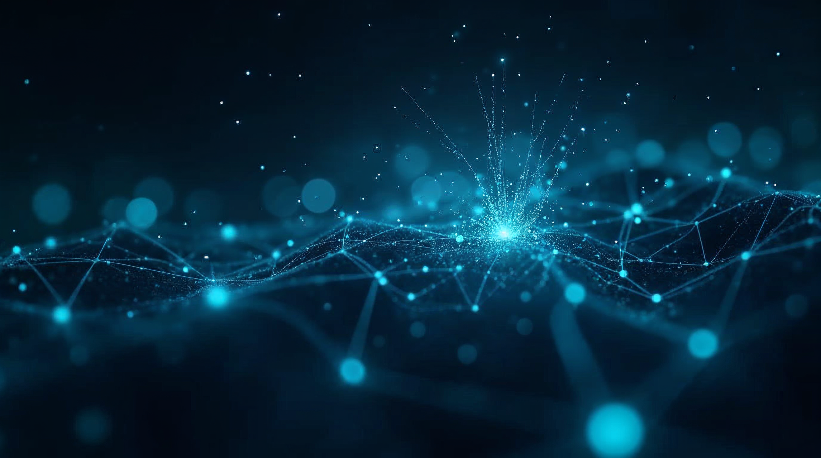 Abstract technology visualization with glowing neural network nodes and data streams representing AI-powered search on a dark background