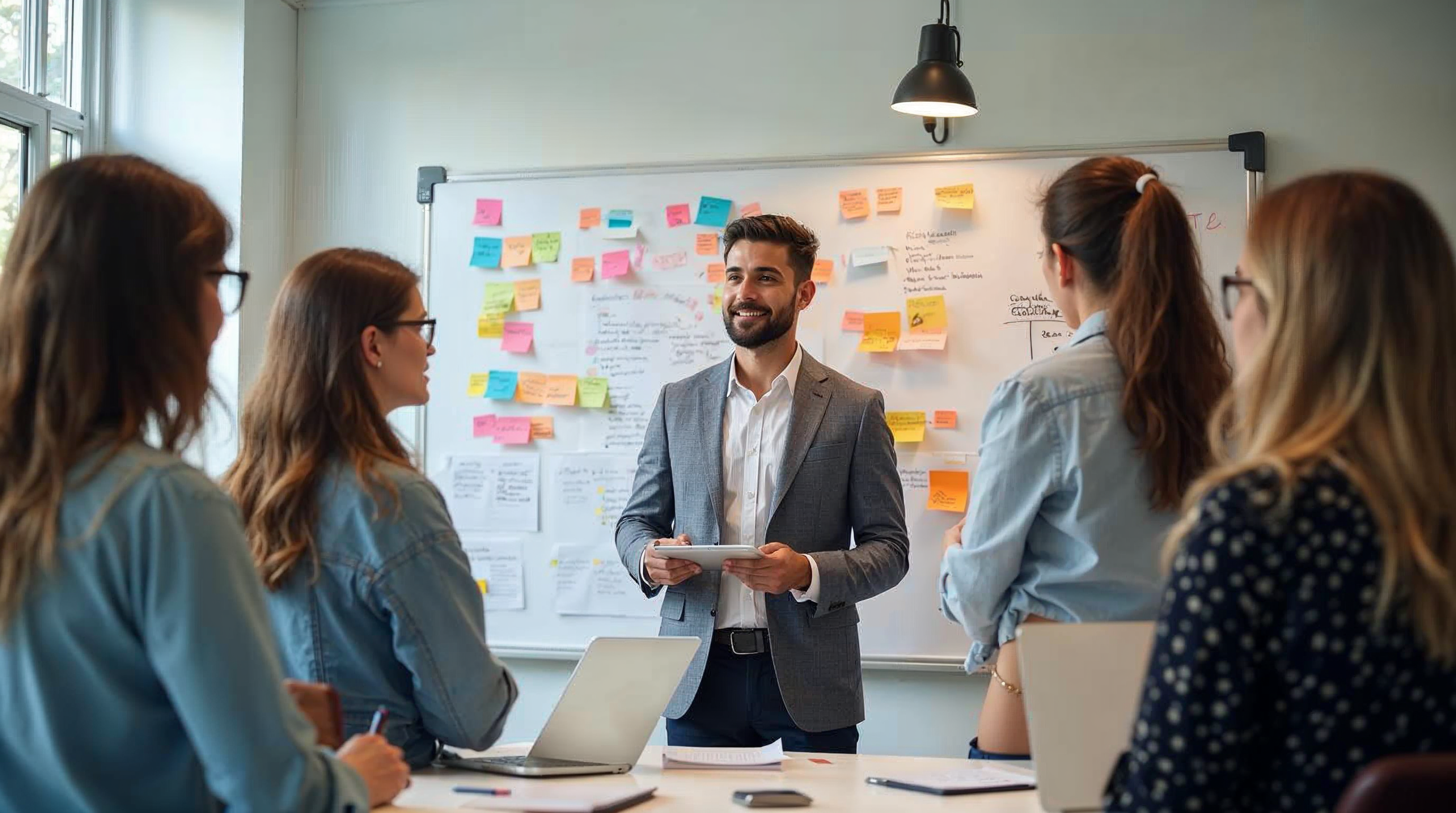Diverse marketing team collaborating around a whiteboard displaying customer persona profiles and colorful sticky notes in a modern office