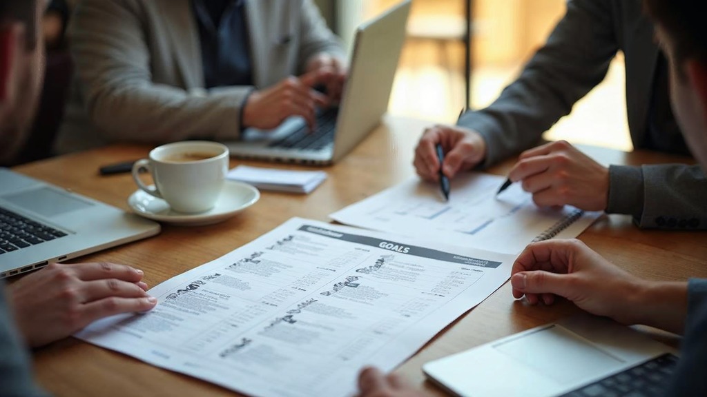 Small business team reviewing a printed quarterly goals sheet across a wooden meeting table with laptops and coffee