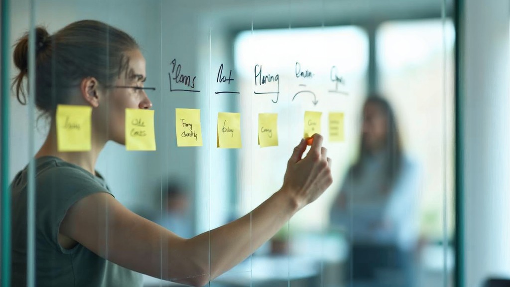 Marketing manager writing quarterly SMART goals and metrics on a glass planning board covered in sticky notes