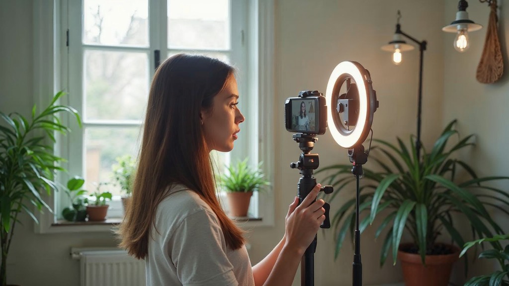 Young content creator filming a vertical video on a phone tripod with a ring light in a bright home studio