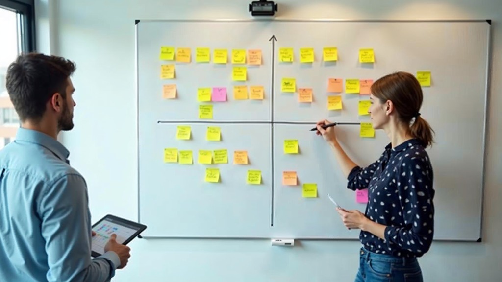 Strategy workshop facilitator drawing a large four-quadrant SWOT grid on a whiteboard covered with coloured sticky notes