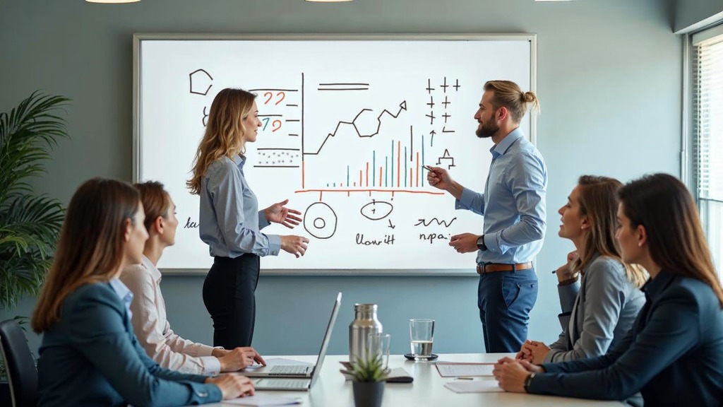 Cross-functional business team running a strategic planning session around a whiteboard in a bright office