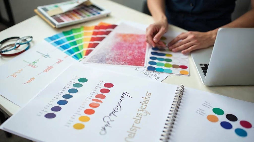 Designer arranging brand colour swatches, a logo print and typography samples beside a laptop