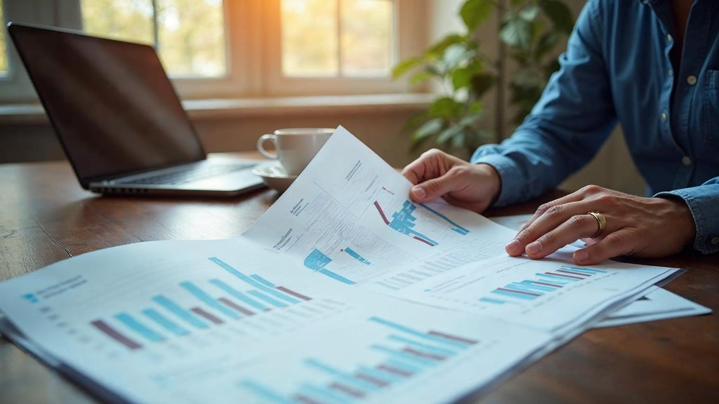 Two marketers comparing printed advertising performance reports at a bright meeting table beside a laptop