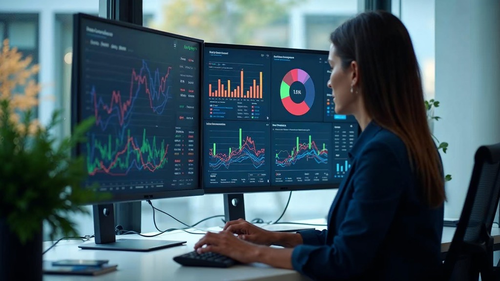 Paid search specialist reviewing campaign performance dashboards across two monitors in a modern office