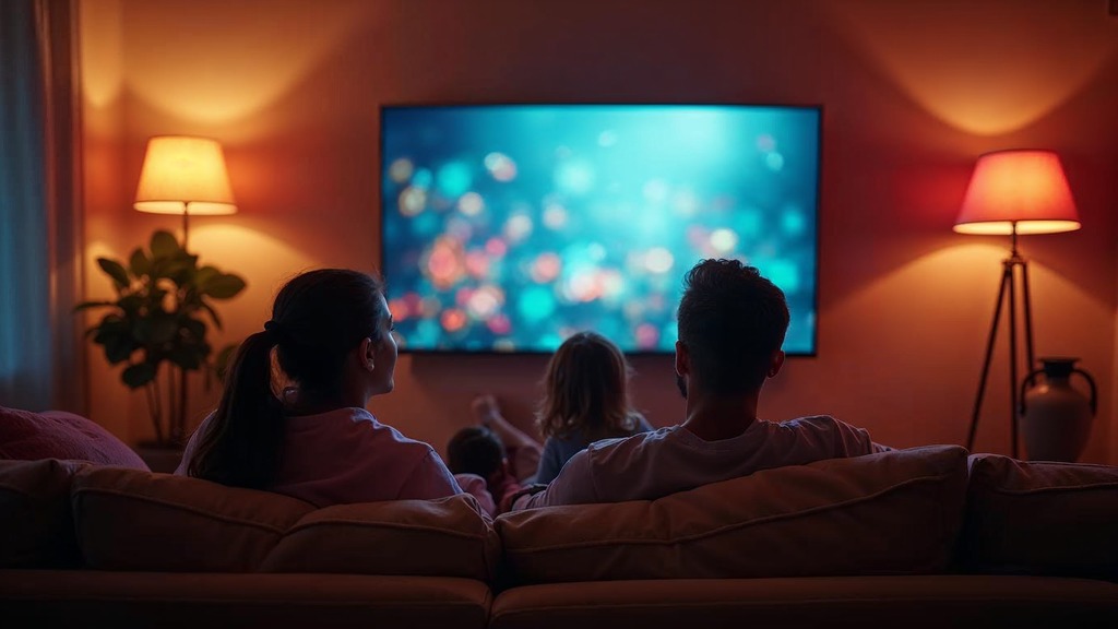 Family watching a large wall-mounted television in a warmly lit living room, the environment where streaming ads are seen