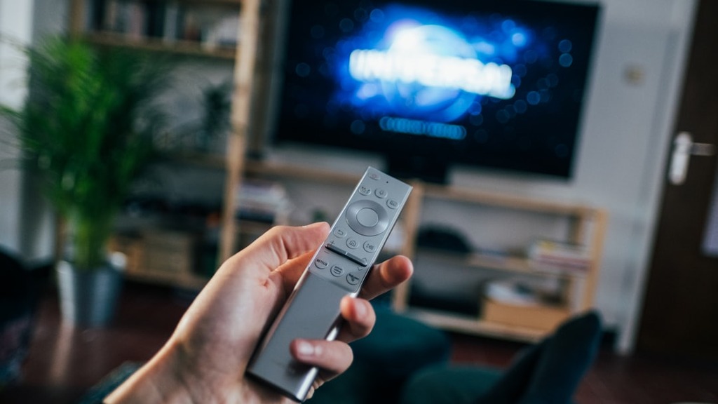 Viewer holding a television remote while choosing what to stream in a living room