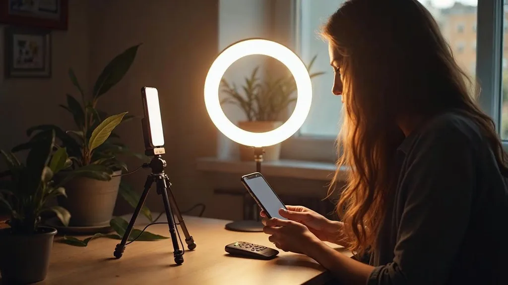 Small content studio with a ring light and phone on a tripod used to shoot Instagram ad creative