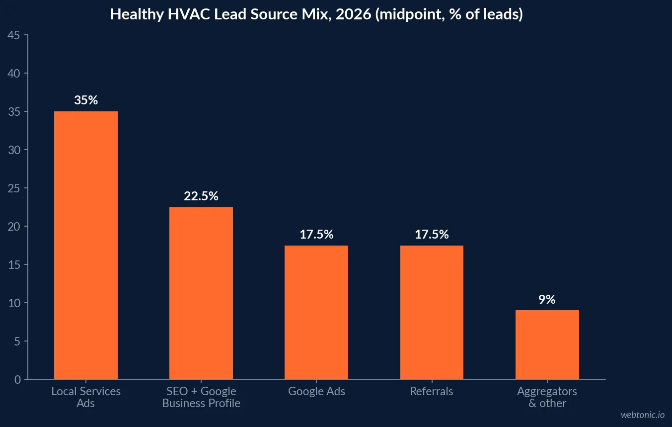 Bar chart of the healthy HVAC lead source mix for 2026: Local Services Ads 35%, SEO and Google Business Profile 22.5%, referrals 17.5%, Google Ads 17.5% and aggregators under 10%