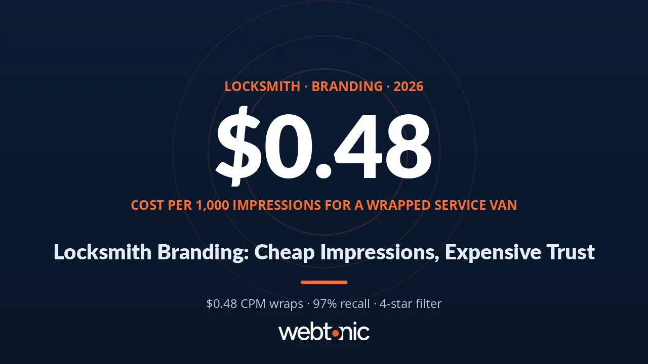Locksmith branding statistics 2026 thumbnail showing vehicle wrap cost per thousand impressions and consumer trust thresholds