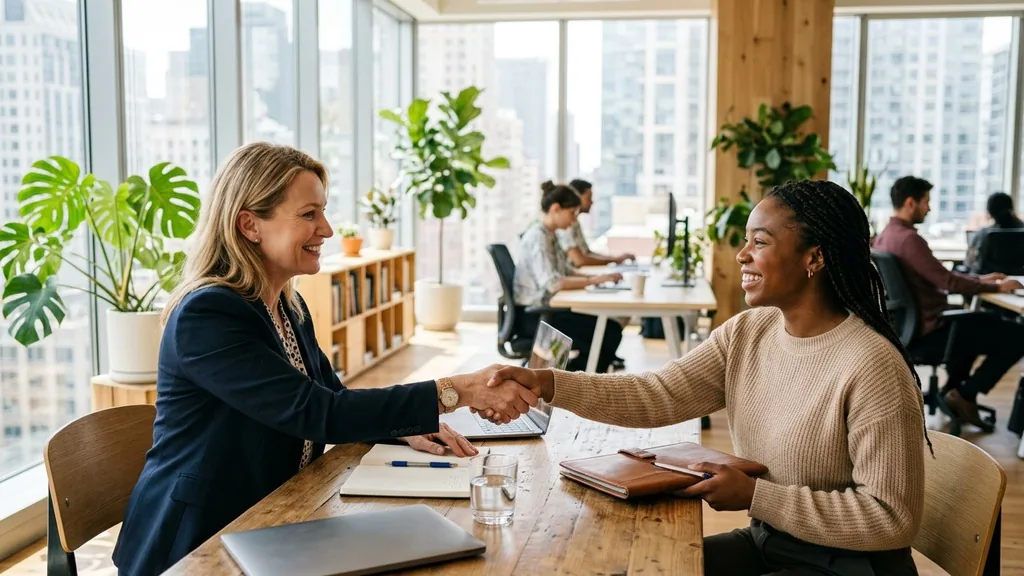 Handshake across a table at a job interview, where the elevator pitch answers tell me about yourself