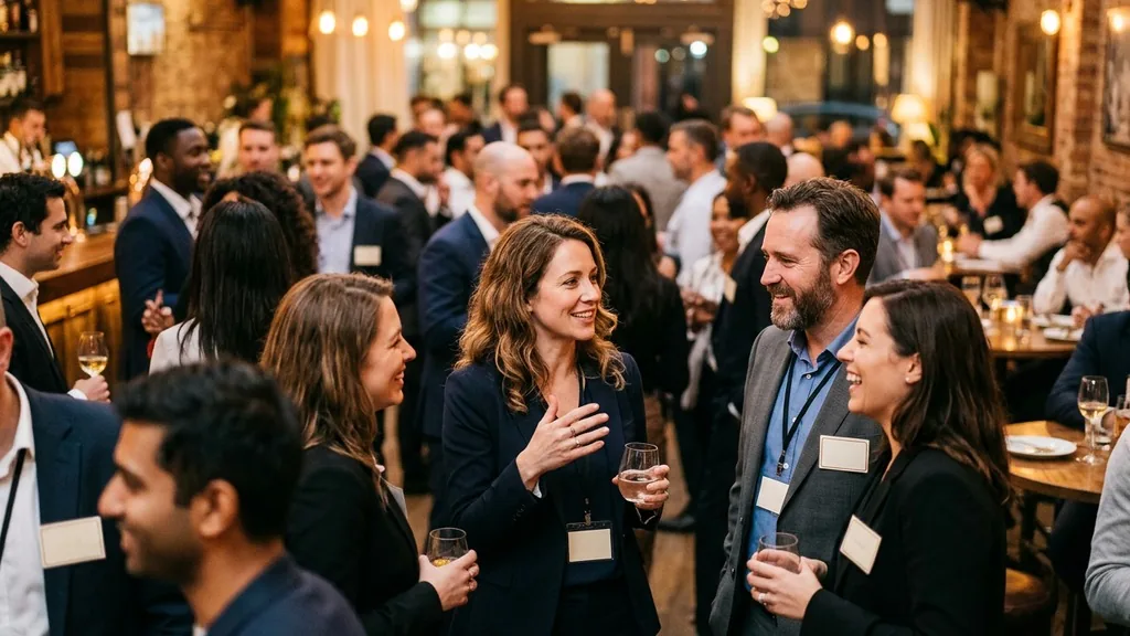 Professionals holding name badges at a busy networking event where short introductions decide the conversation