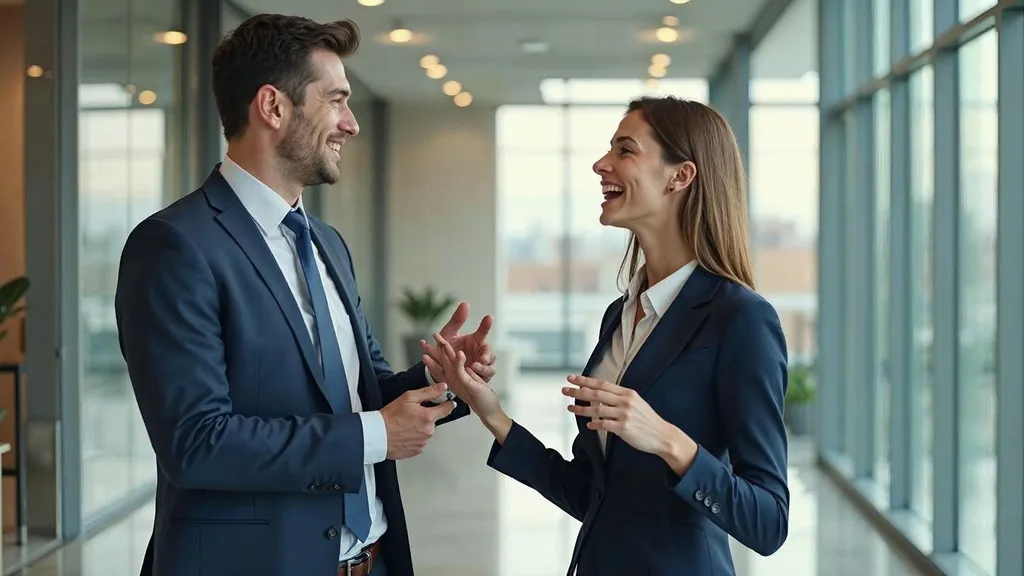 Two professionals talking in an office lobby, the kind of chance conversation an elevator pitch is built for