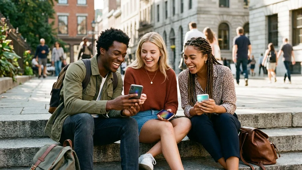 Three young adults on outdoor steps looking at their phones, the Gen Z audience Snapchat advertising targets