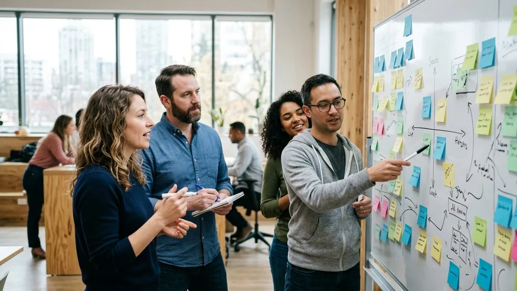 Marketing team mapping competitors on a whiteboard covered in sticky notes during a competitive analysis session