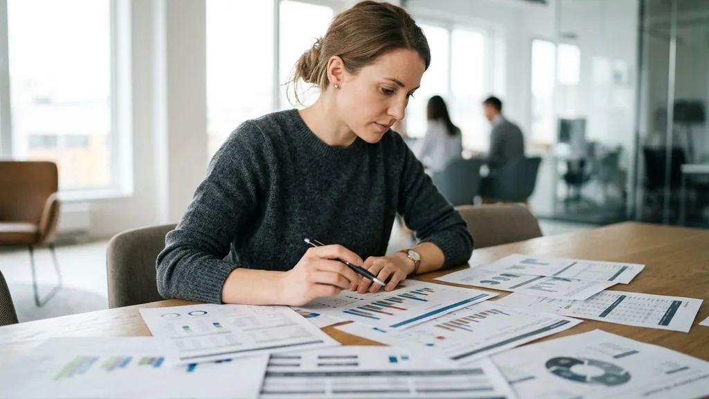 Researcher reviewing printed market research charts spread across a meeting table while scoring competitors