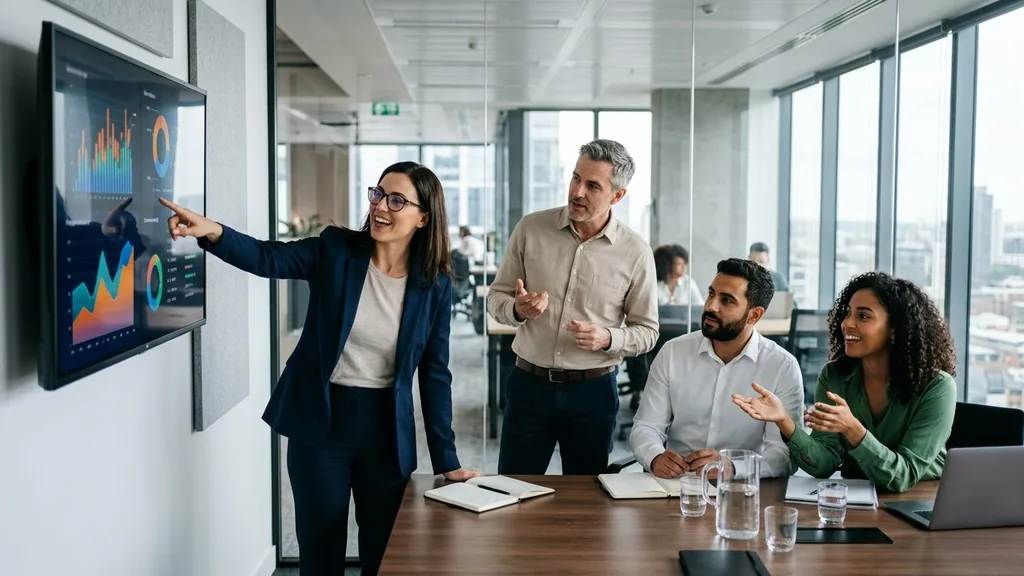 Four colleagues in a glass meeting room discussing competitive positioning against charts on a wall screen